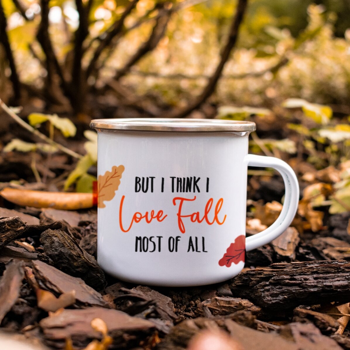 Geëmailleerde metalen beker met tekst - I love fall