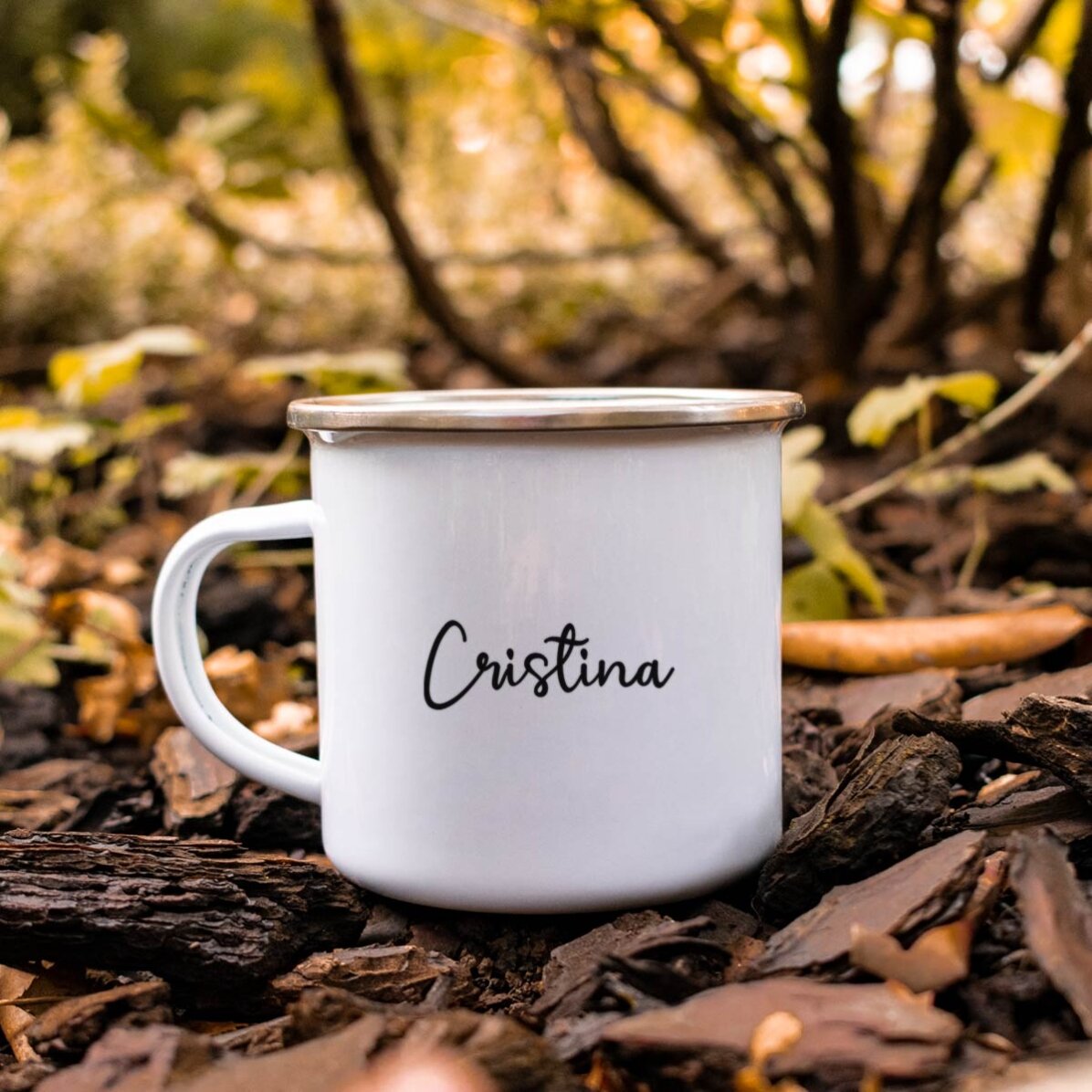Geëmailleerde metalen beker met tekst - I love fall