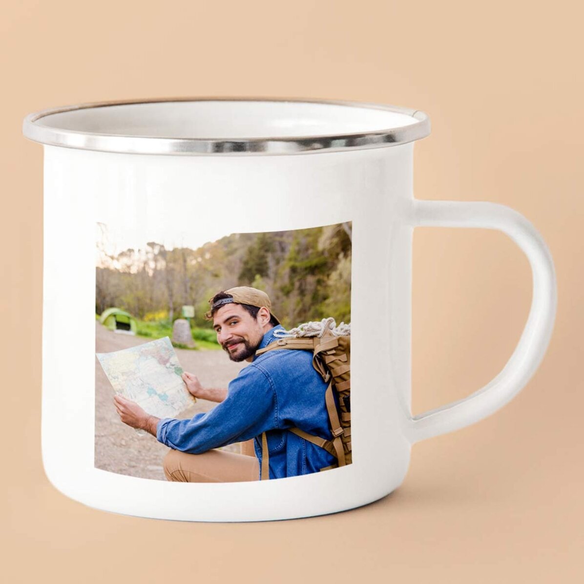 Gepersonaliseerde geëmailleerde metalen mok met 2 foto