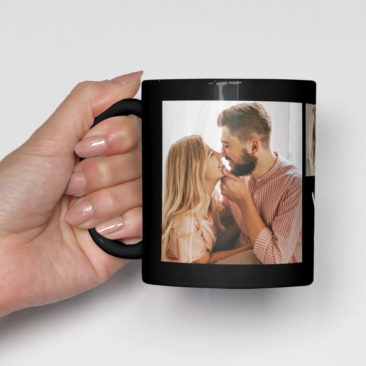 Personalised black mug with 3 photos and text upload