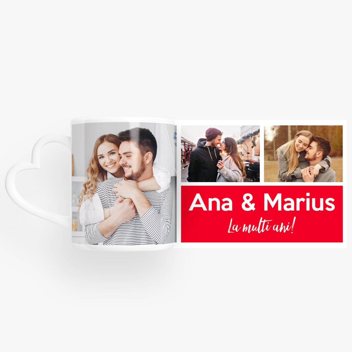 Gepersonaliseerde mok met 3 foto’s en tekst – model met hartvormig handvat