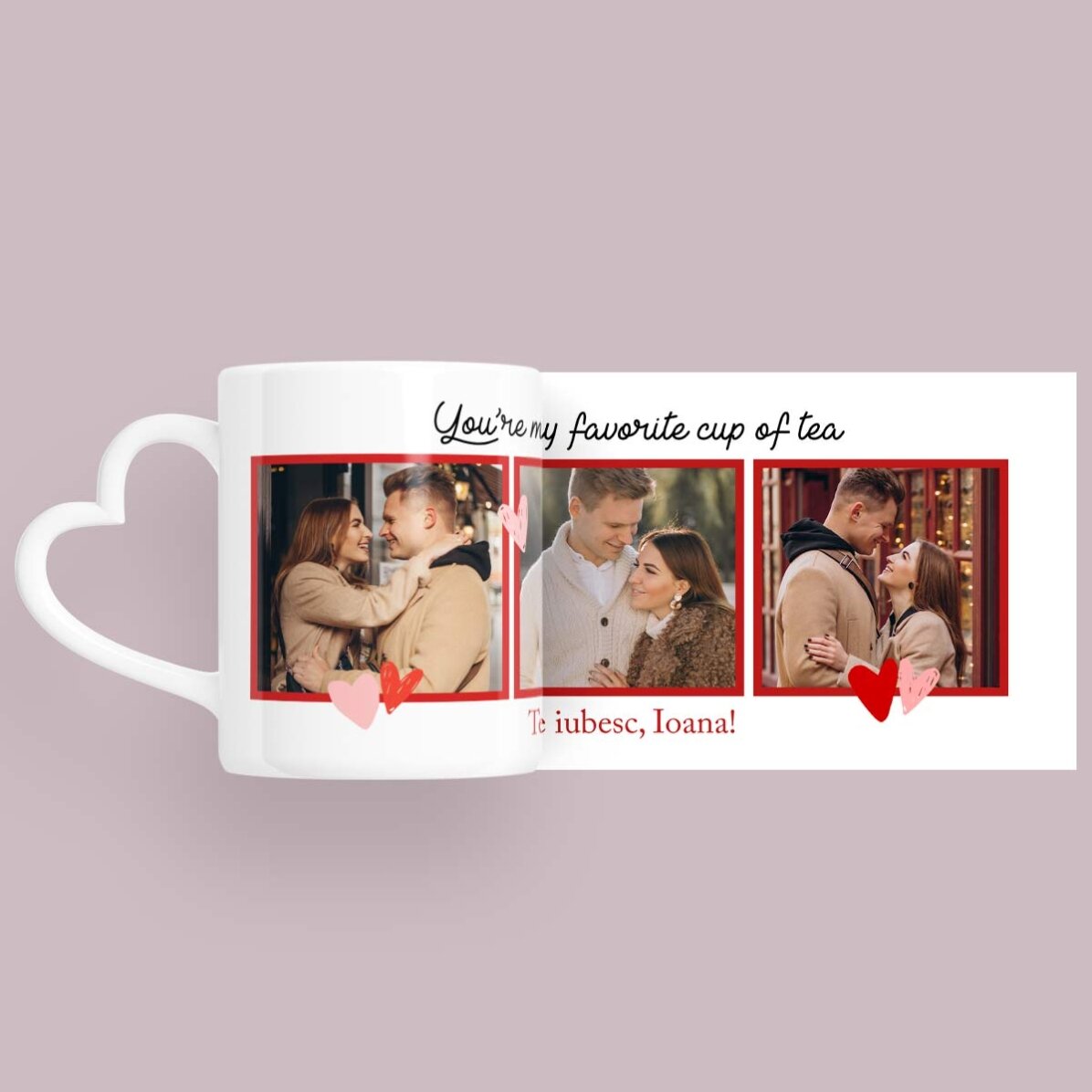 Gepersonaliseerde mok met 3 foto’s en tekst – My favorite – model met hartvormig handvat