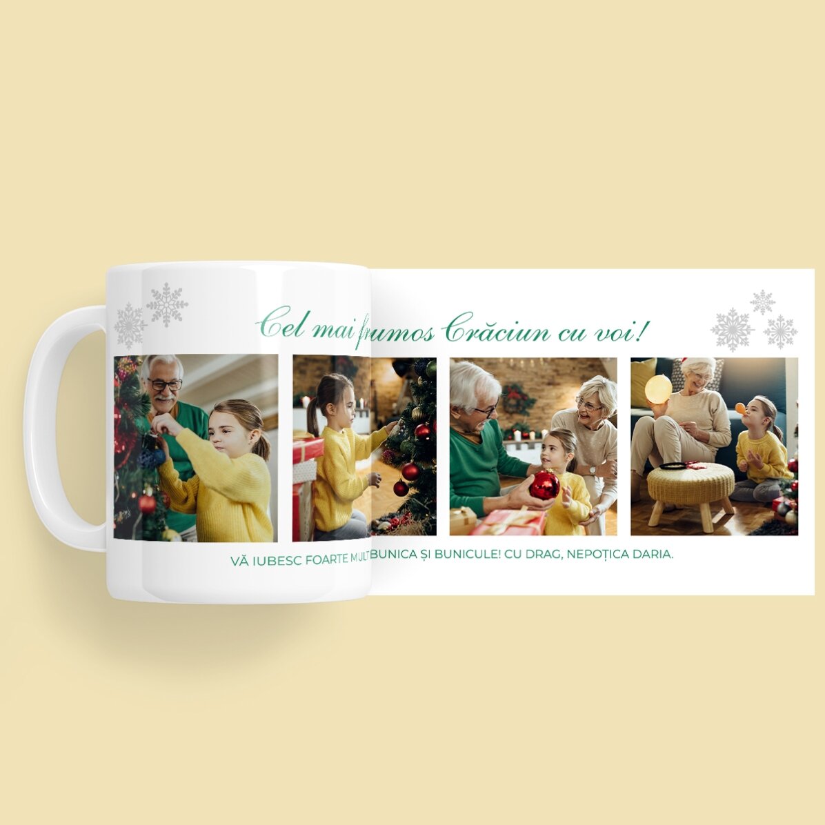 Gepersonaliseerde mok met 4 foto’s en een kerstboodschap voor de grootouders