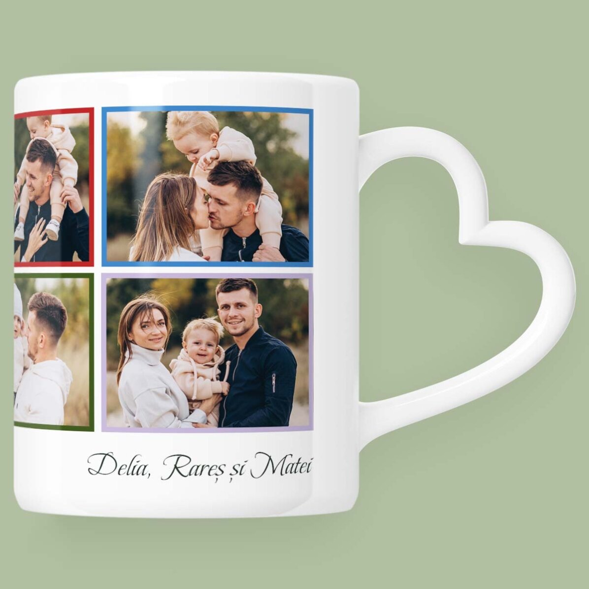 Personalised mug with 8 photos and text - heart-shaped handle design
