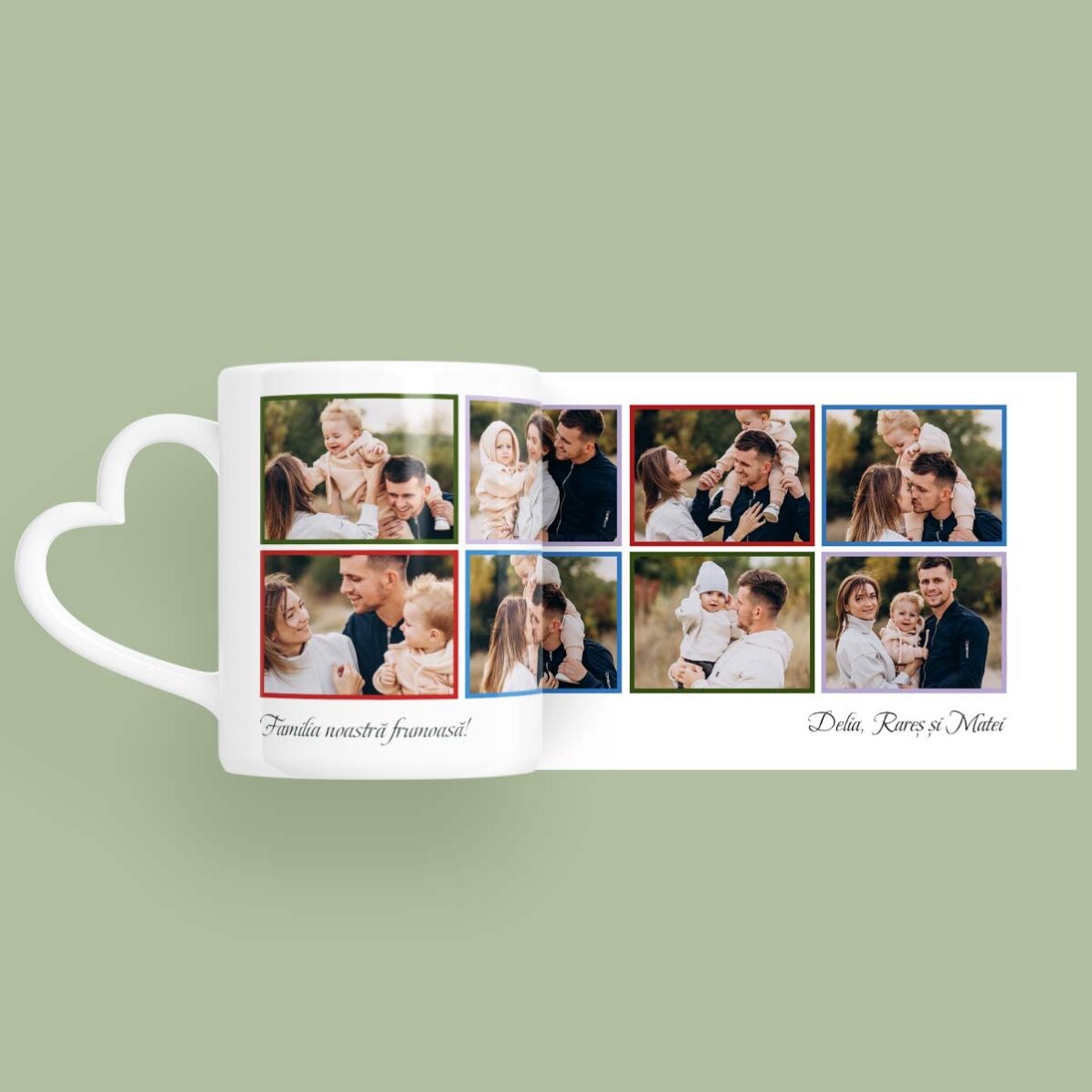 Personalised mug with 8 photos and text - heart-shaped handle design