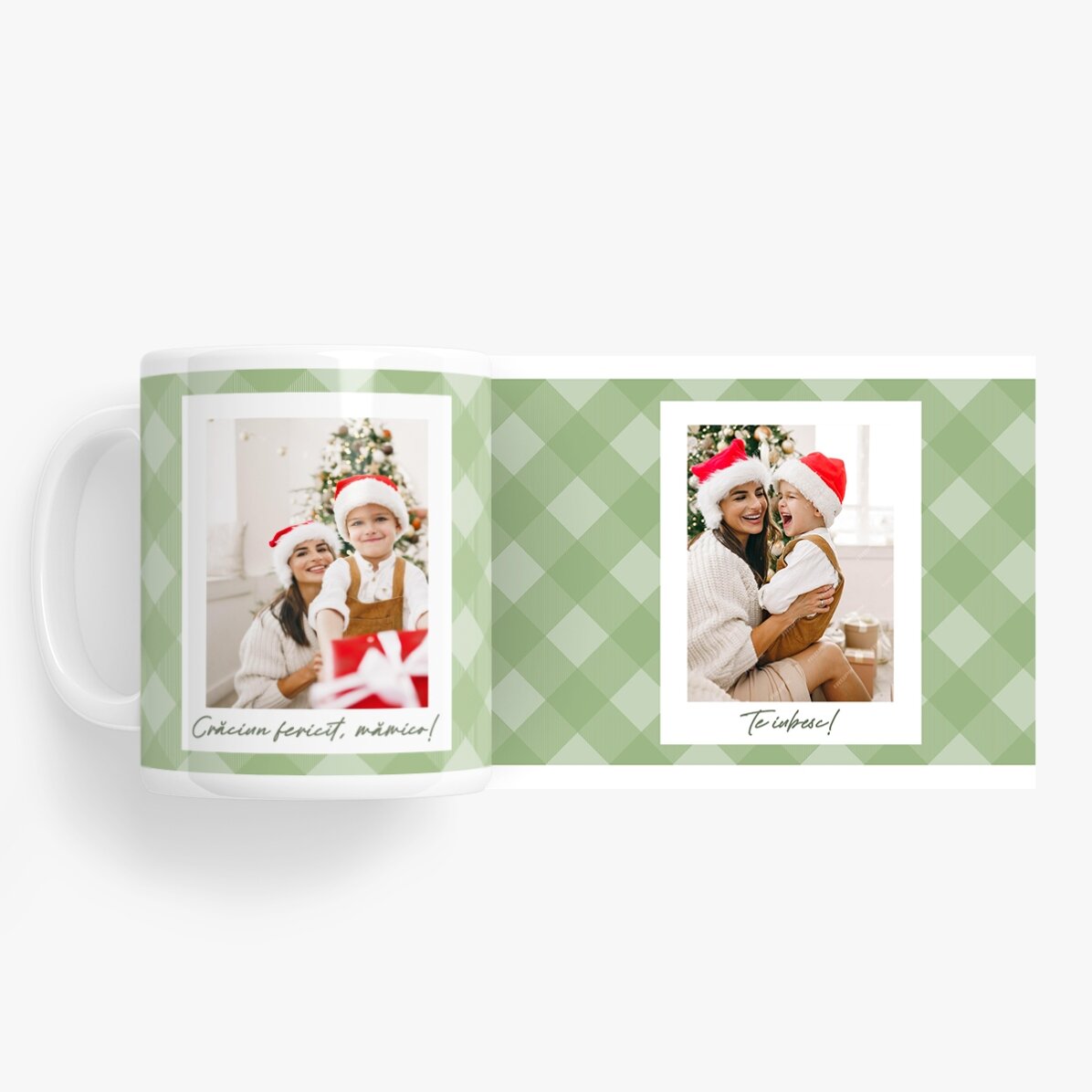 Gepersonaliseerde mok met twee foto’s en tekst - Groene ruitjes