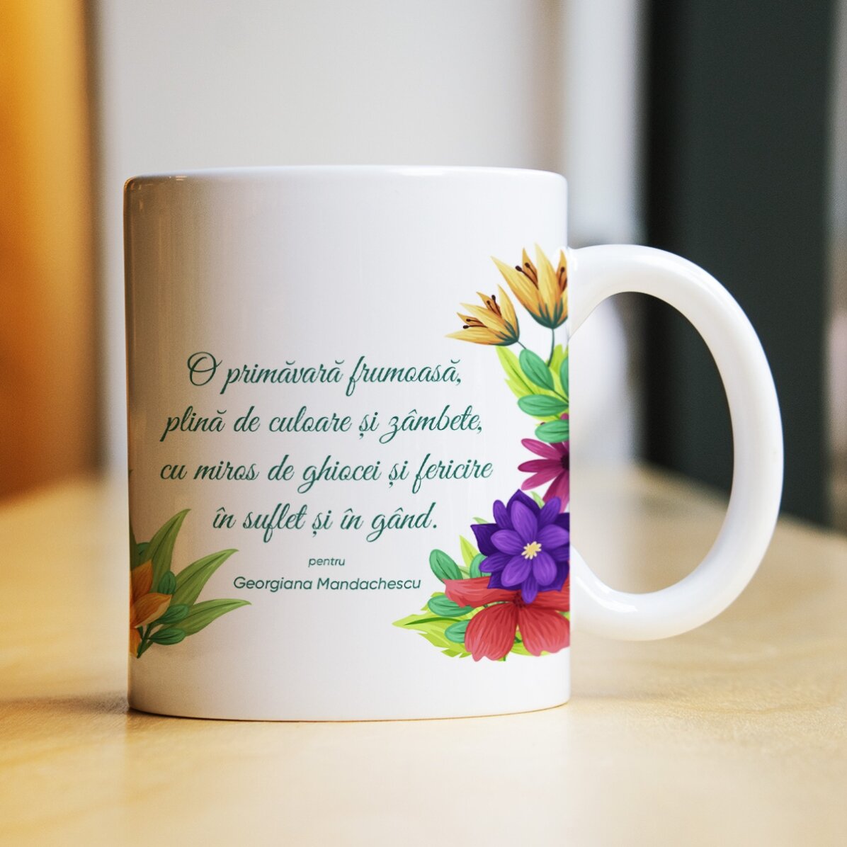 Gepersonaliseerde mok met logo en tekst - Lentebloemen