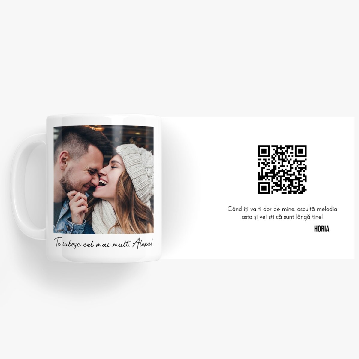 Gepersonaliseerde mok met een foto, een boodschap en een QR-code
