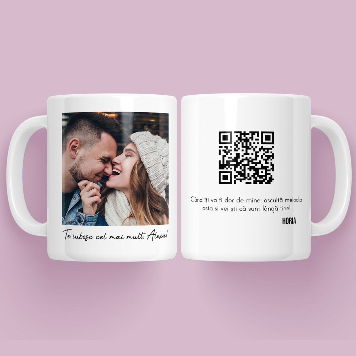 Gepersonaliseerde mok met een foto, een boodschap en een QR-code