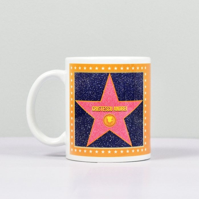 Gepersonaliseerde mok met een foto - Ster van Dankbaarheid, oranje achtergrond
