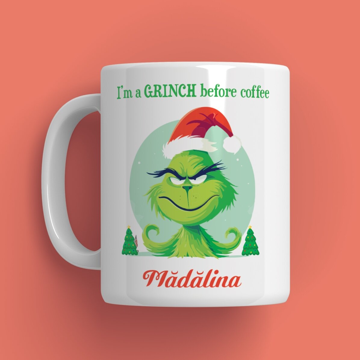 Gepersonaliseerde mok met tekst - Grinch before coffee