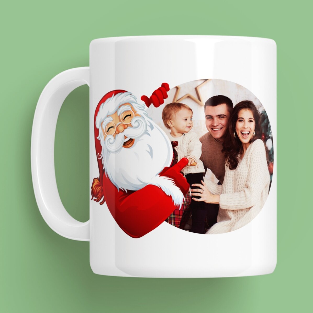 Gepersonaliseerde mok met tekst en een foto van de kerstman