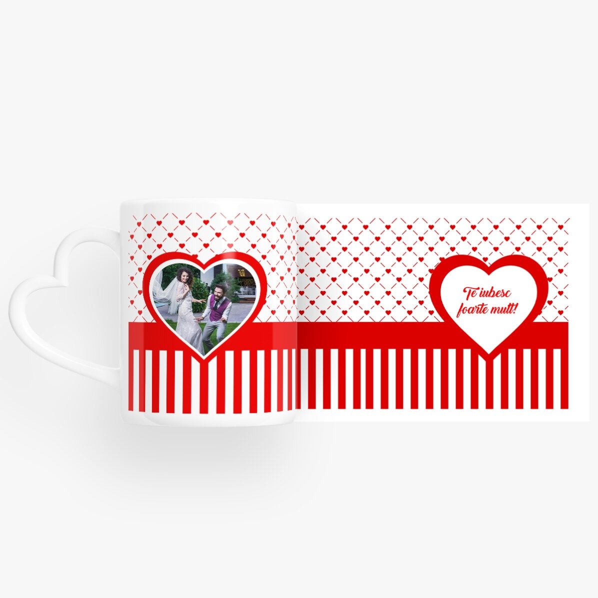 Gepersonaliseerde #love-mok met een foto en tekst – model met hartvormig handvat