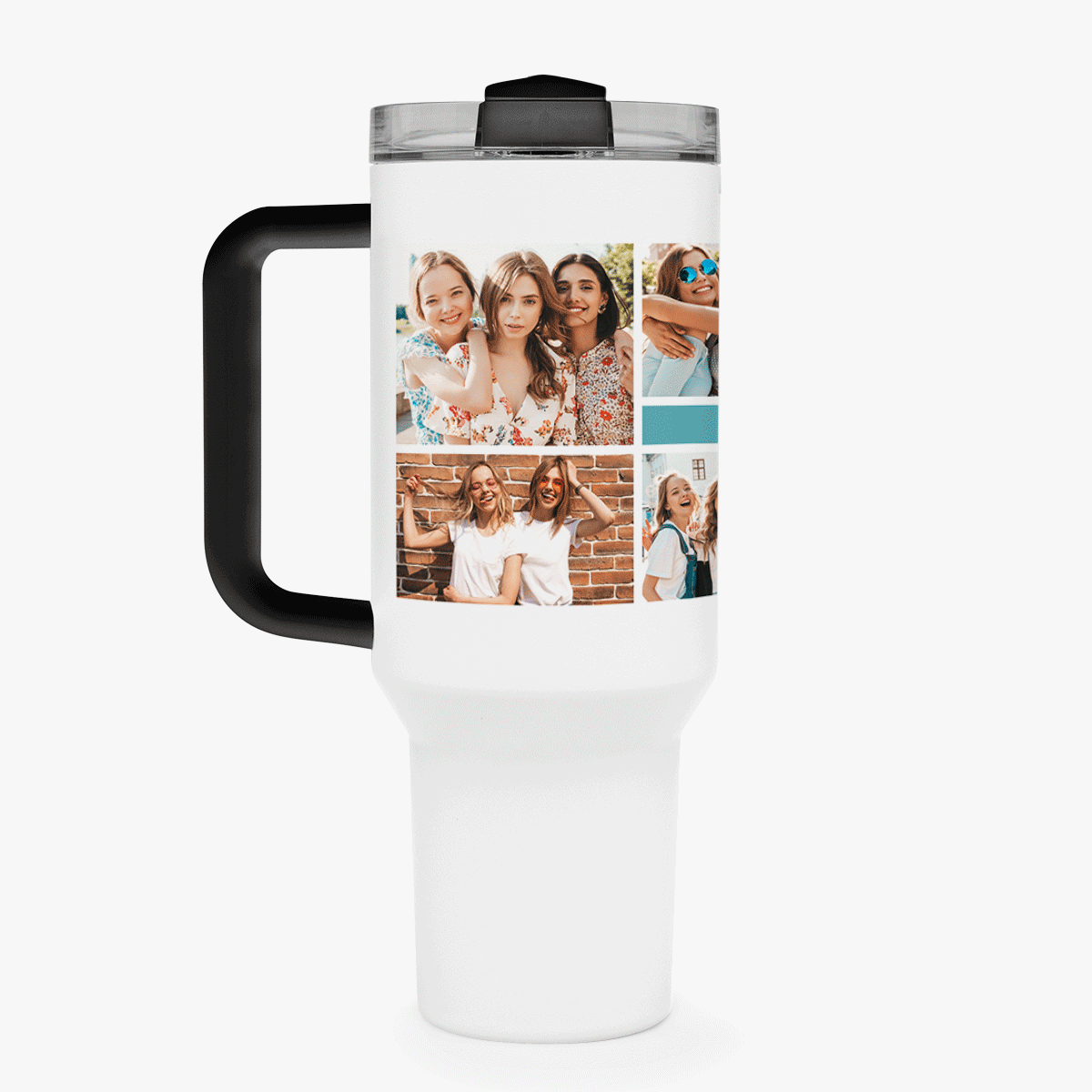 Thermosfles met handvat en rietje, gepersonaliseerd met een fotocollage en een boodschap