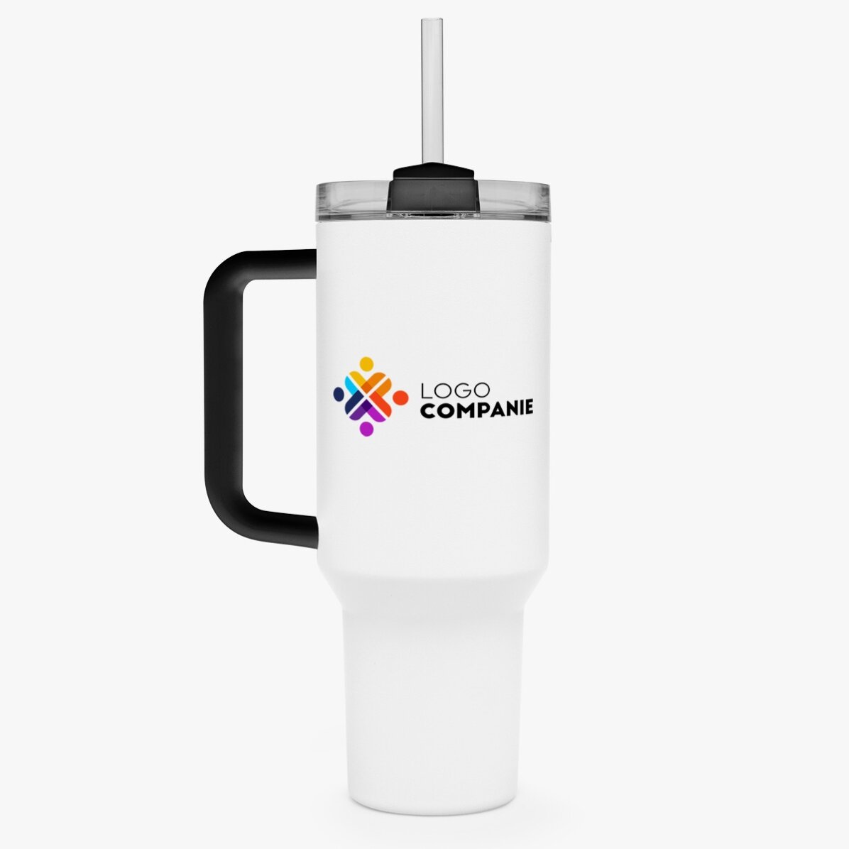 Thermosfles met handvat en rietje, gepersonaliseerd met logo