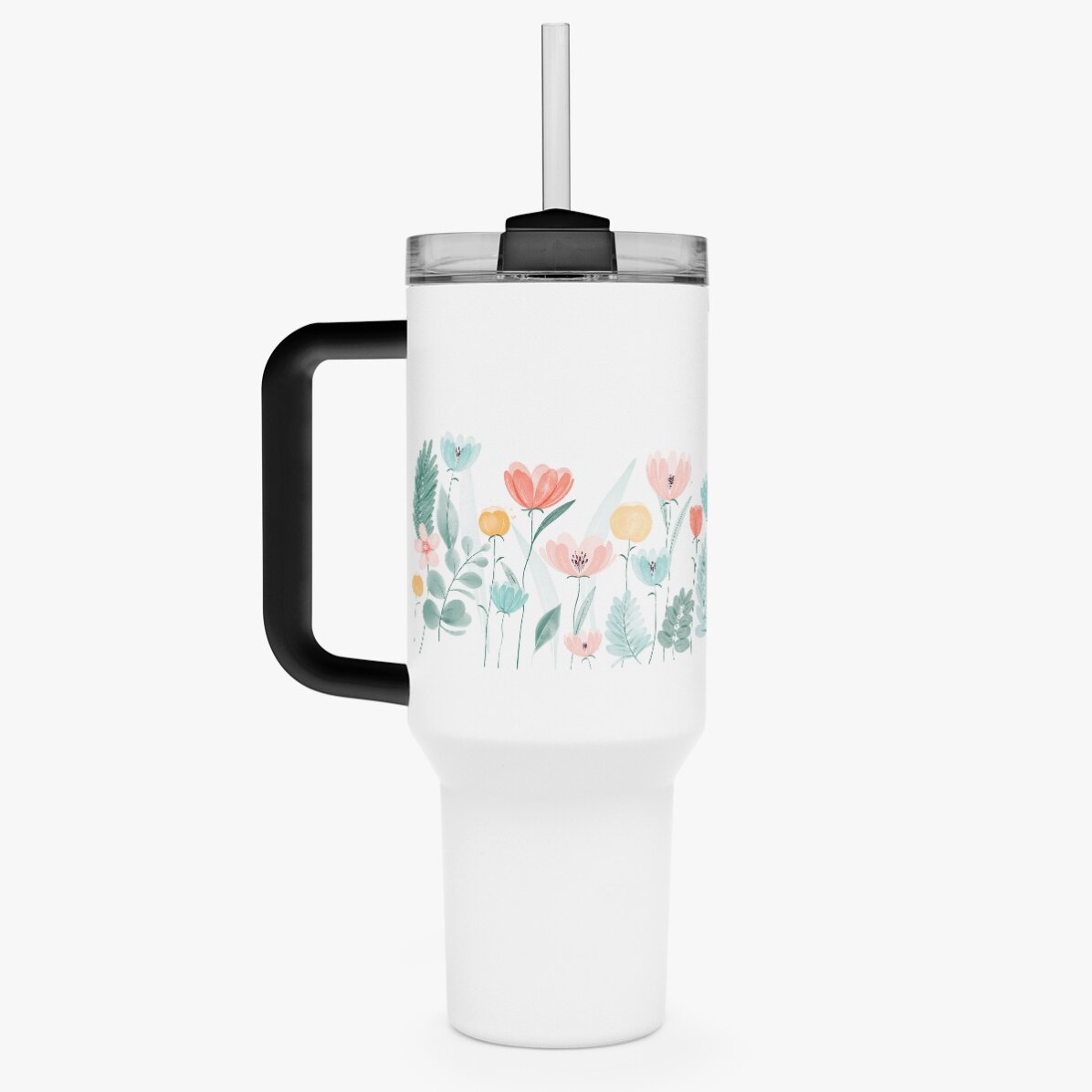 Thermosbeker met handvat en rietje, gepersonaliseerd met naam - Flowers