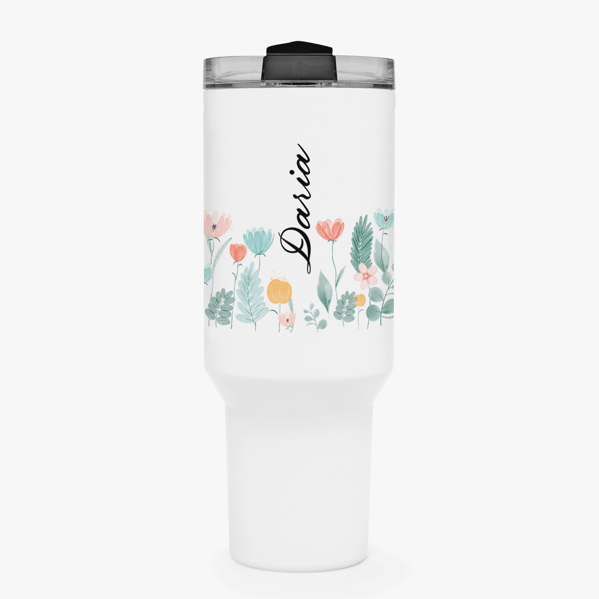 Thermosbeker met handvat en rietje, gepersonaliseerd met naam - Flowers