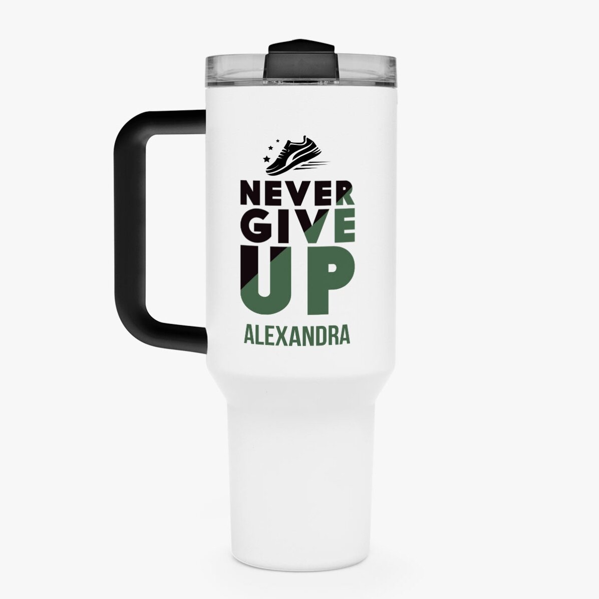 Thermos mug with handle and straw, personalised with name - Never give up