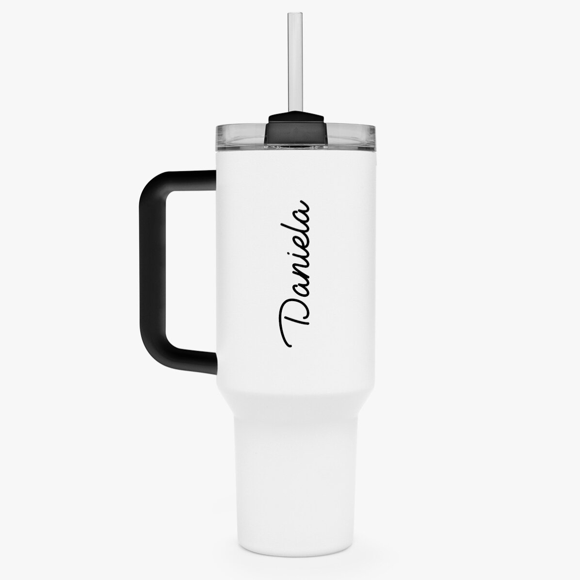 Thermos mug with handle and straw, personalised with name