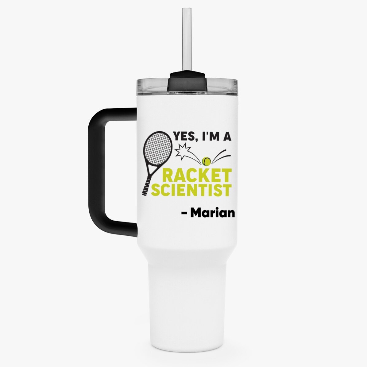 Thermos mug with handle and straw, personalised with text - Racket scientist