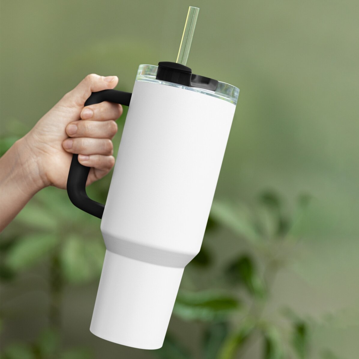 Thermos mug with handle and straw, personalised with initials and name