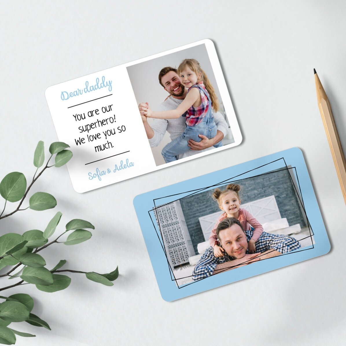 Personalised double-sided aluminium card with 2 photos and message