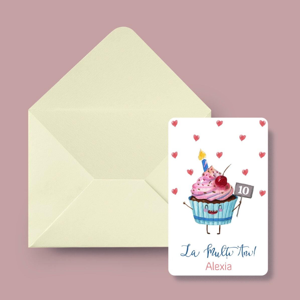 Gepersonaliseerde aluminiumkaart, voor- en achterkant, met een boodschap en een foto - Cupcake