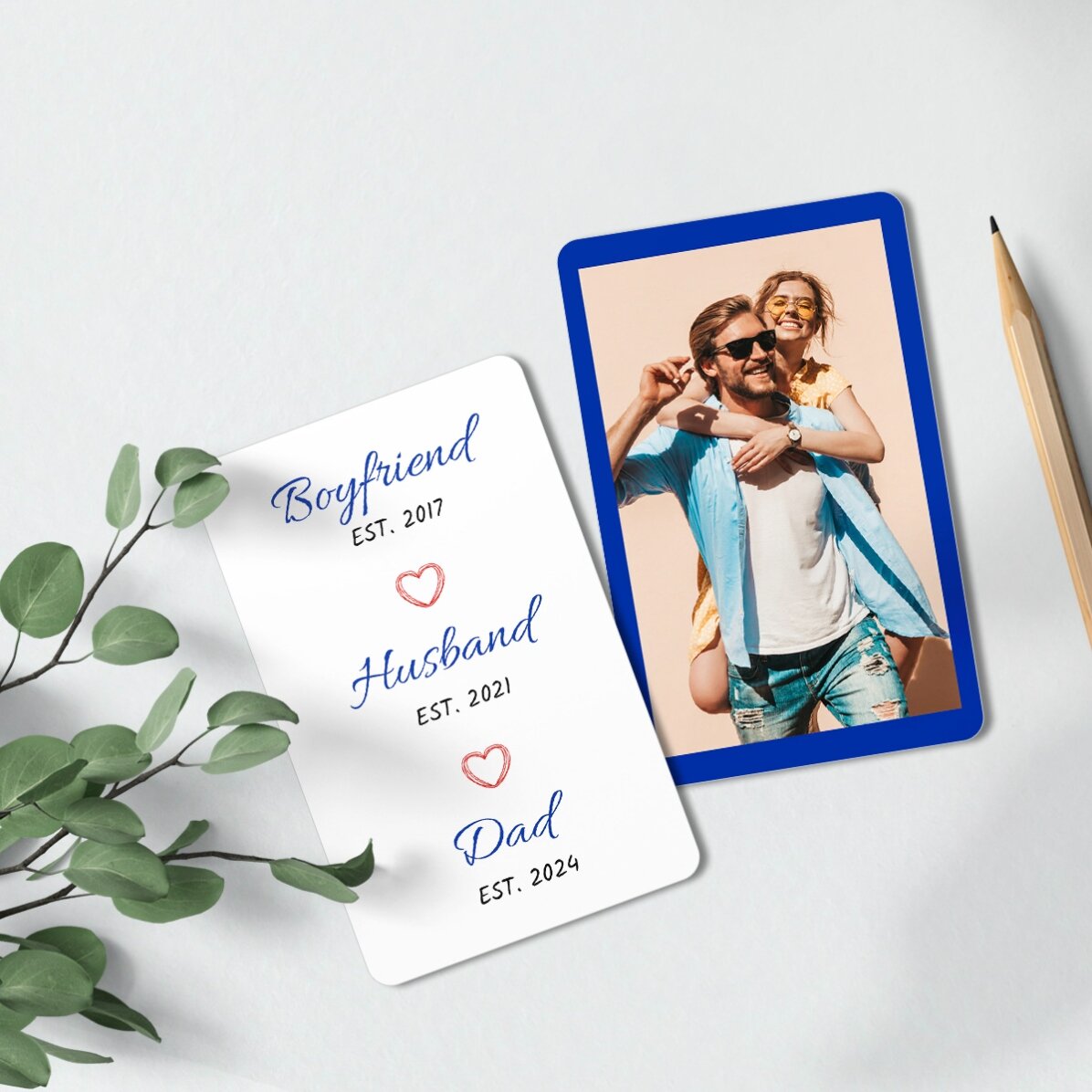 Gepersonaliseerde aluminiumkaart, voor- en achterzijde, met een boodschap en een portretfoto