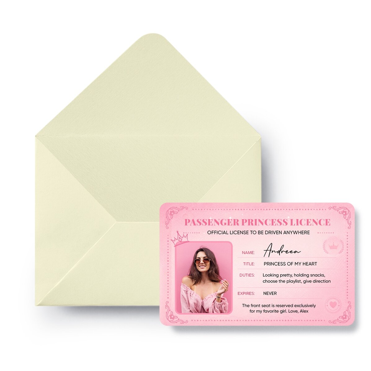 Gepersonaliseerde aluminiumkaart, voor- en achterzijde, met een foto en tekst - Passenger Princess