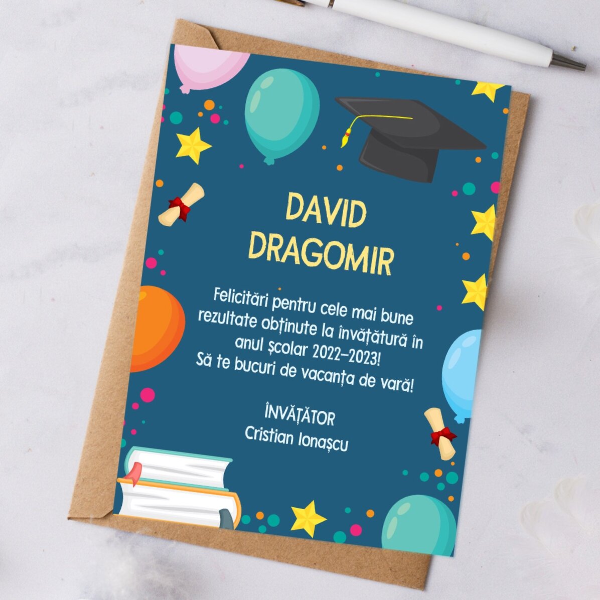 Gepersonaliseerde kaart met boodschap voor kinderen – Einde van het schooljaar