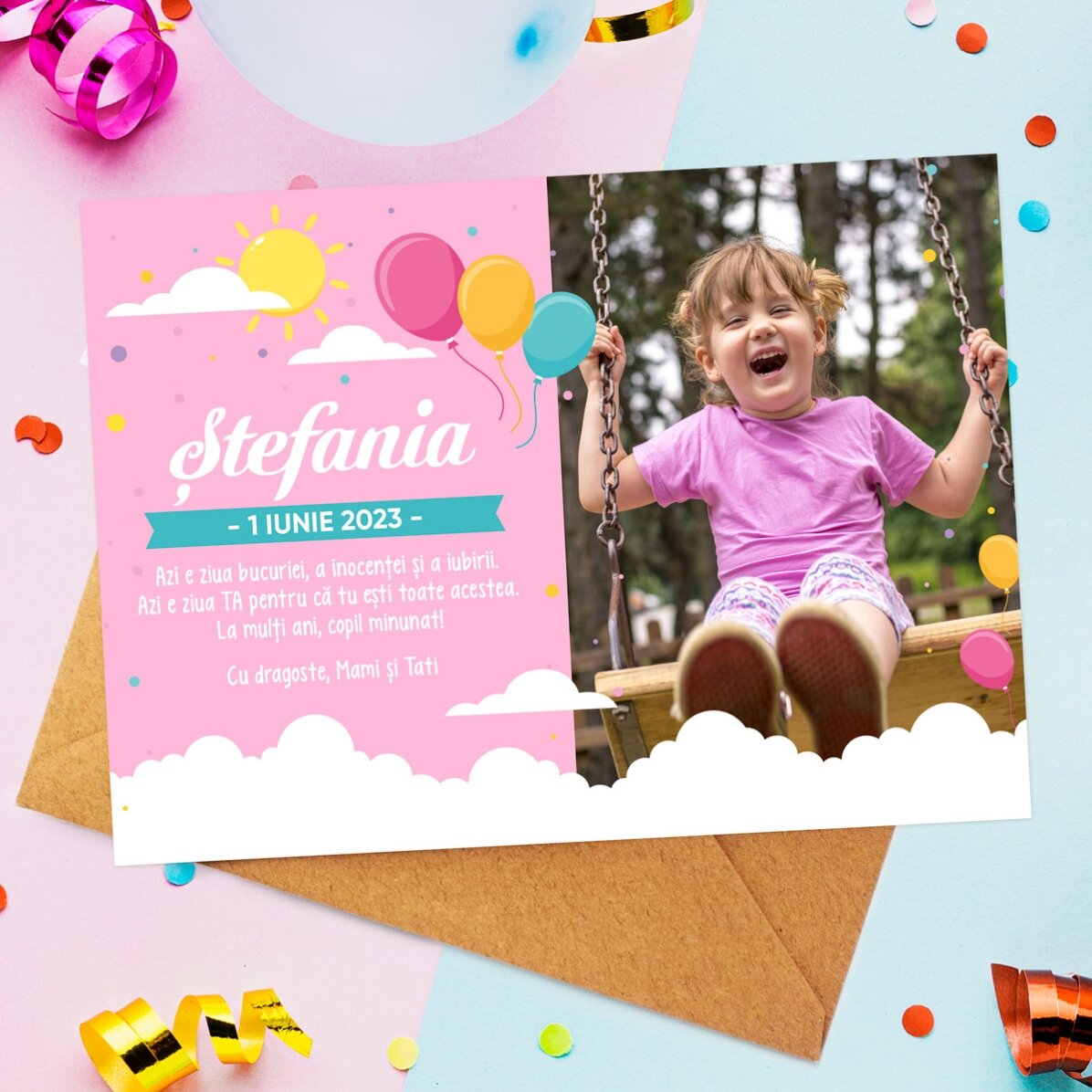 Gepersonaliseerde kaart met boodschap en foto voor Kinderdag