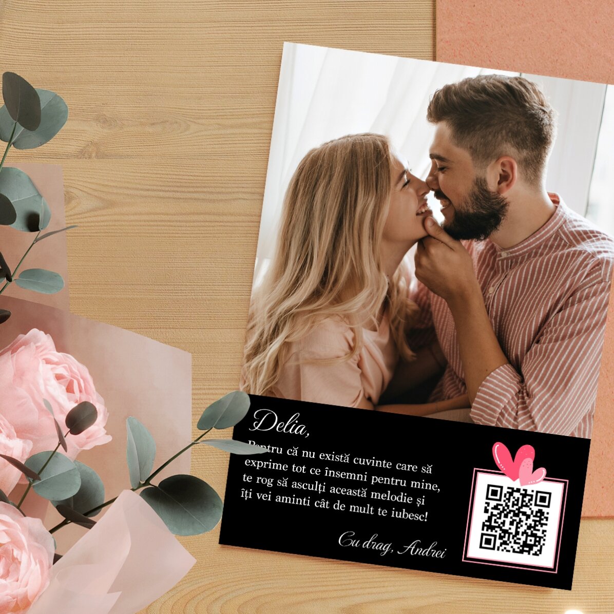 Personalised card with a photo, text and QR code - Love