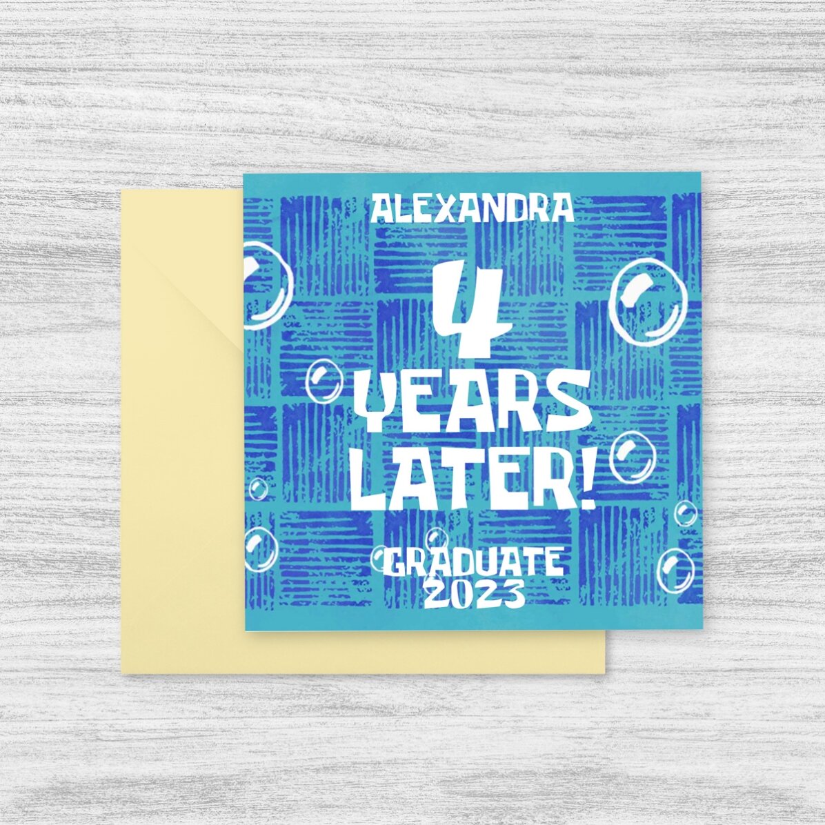 Gepersonaliseerd vierkant kaartje met tekst - 4 years later