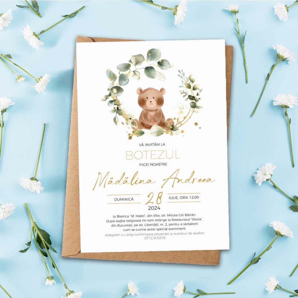 Personalised card with text - Christening invitation - Little Bear
