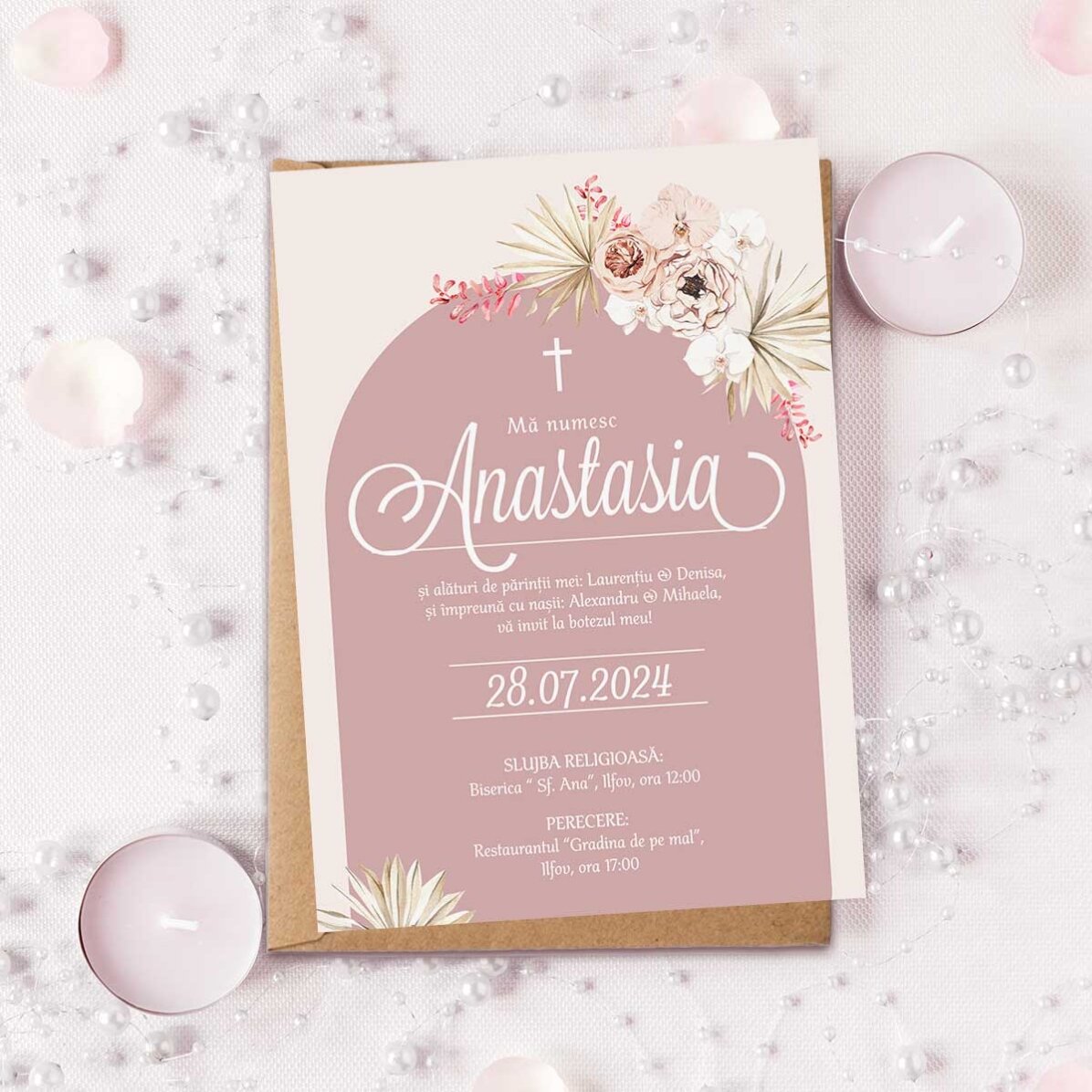 Gepersonaliseerde kaart met tekst - Uitnodiging voor een doop - Pink Elegance