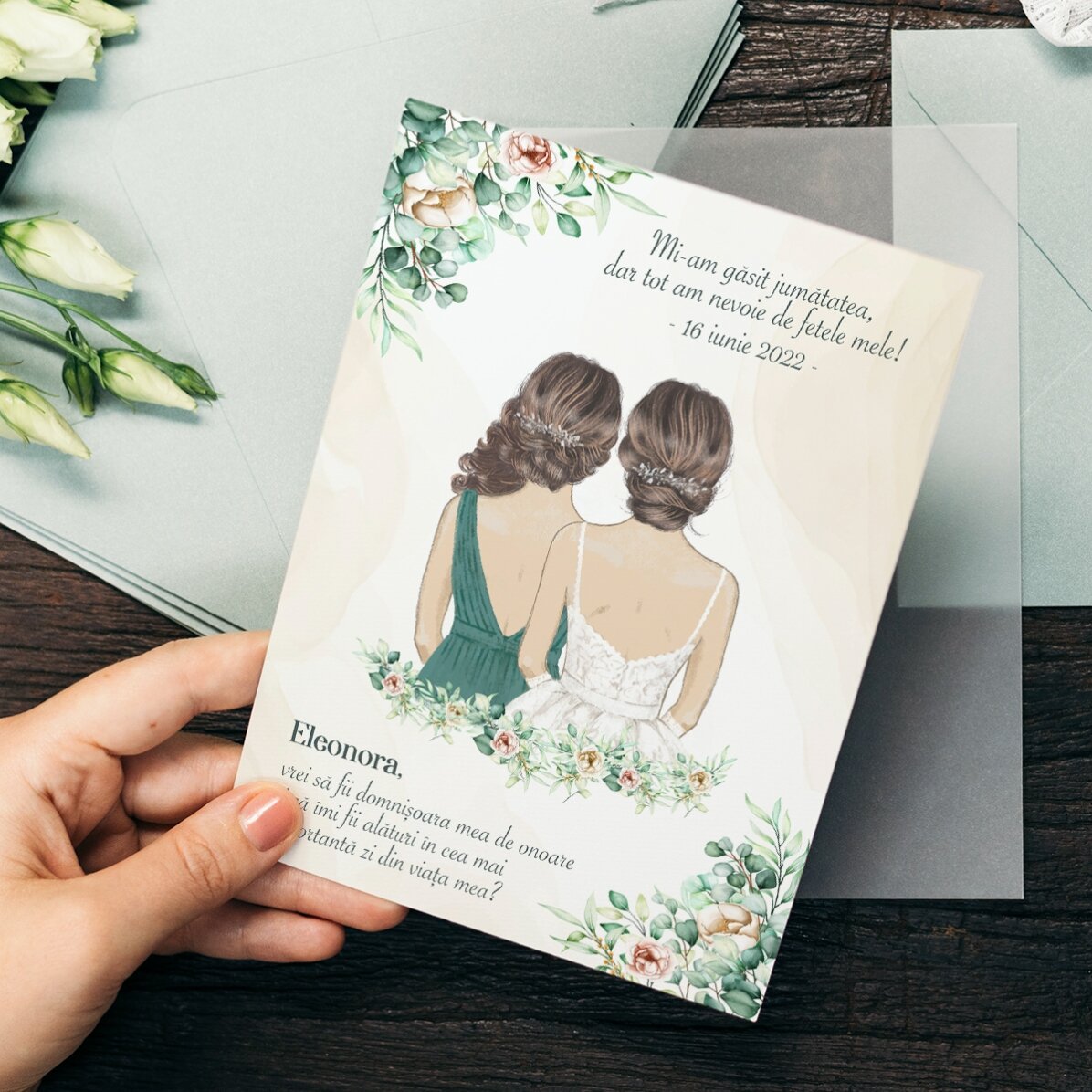 Gepersonaliseerde kaart met tekst voor de bruidsmeisjes