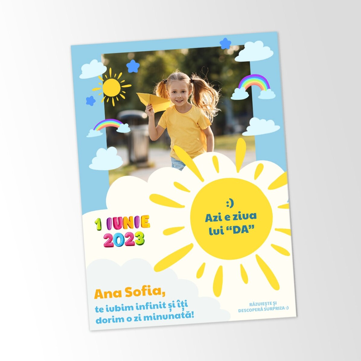 Gepersonaliseerde kraskaart met foto en boodschap voor kinderen op 1 juni