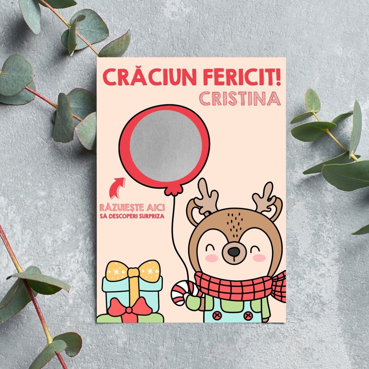 Gepersonaliseerde kraskaart voor Kerstmis - Rendier met ballon