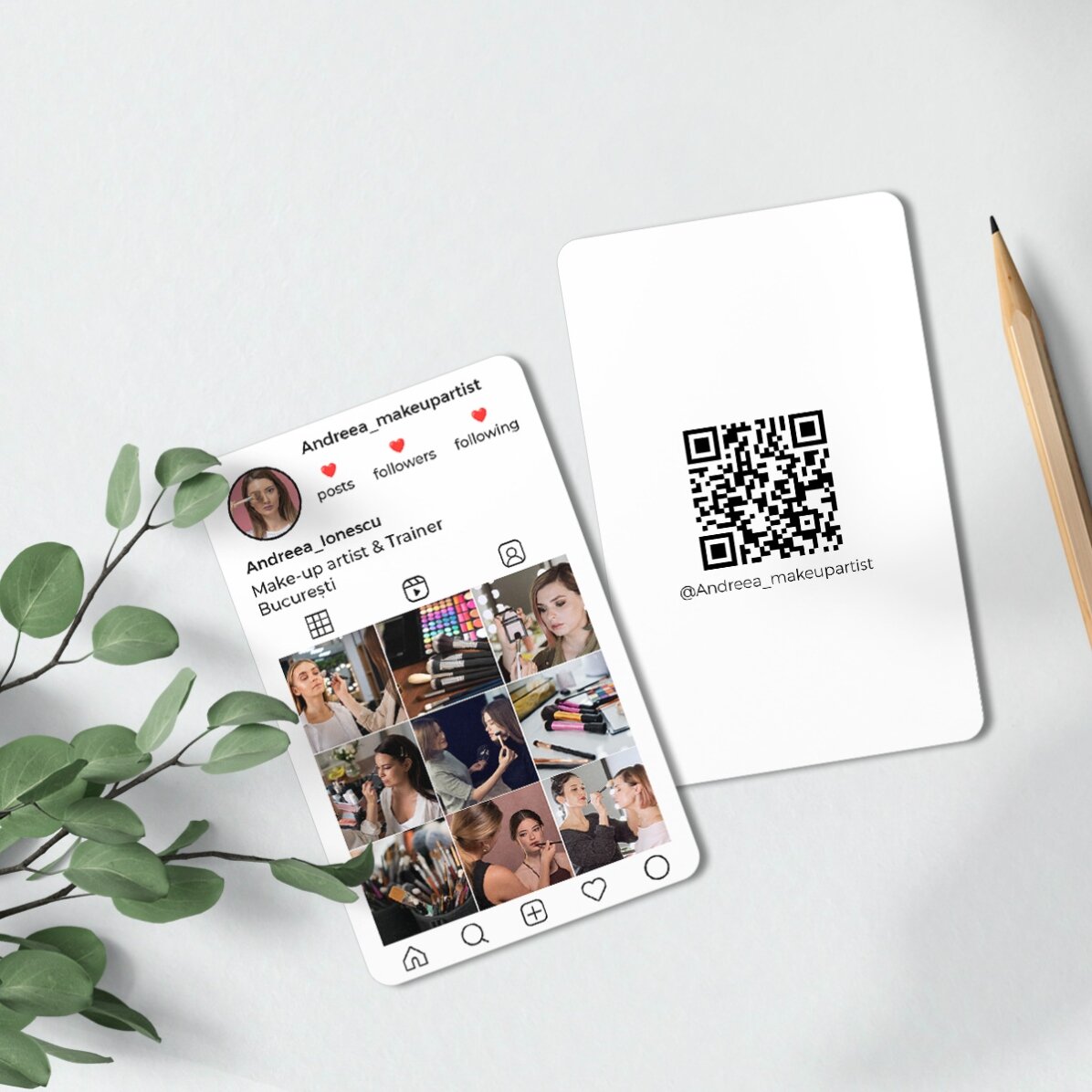 Gepersonaliseerd aluminium visitekaartje, voor- en achterzijde, met QR-code, tekst en foto