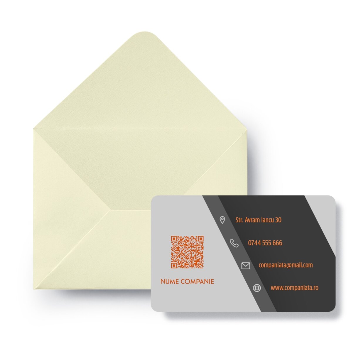 Customised double-sided aluminium business card with logo, QR code and text