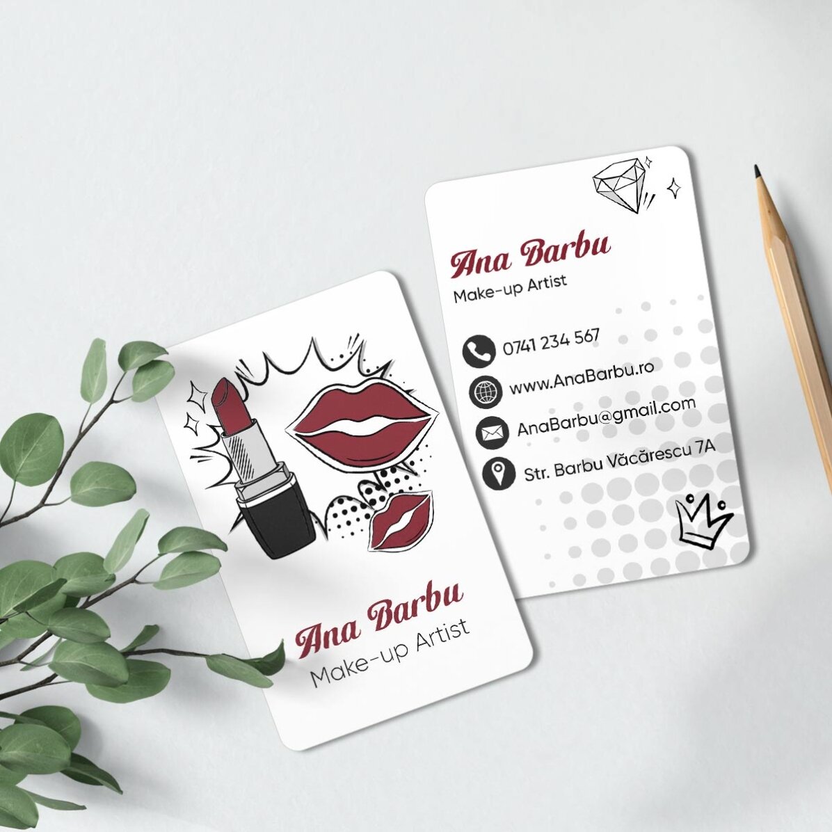 Gepersonaliseerd aluminium visitekaartje, voor- en achterzijde, met boodschap - Make-up Artist