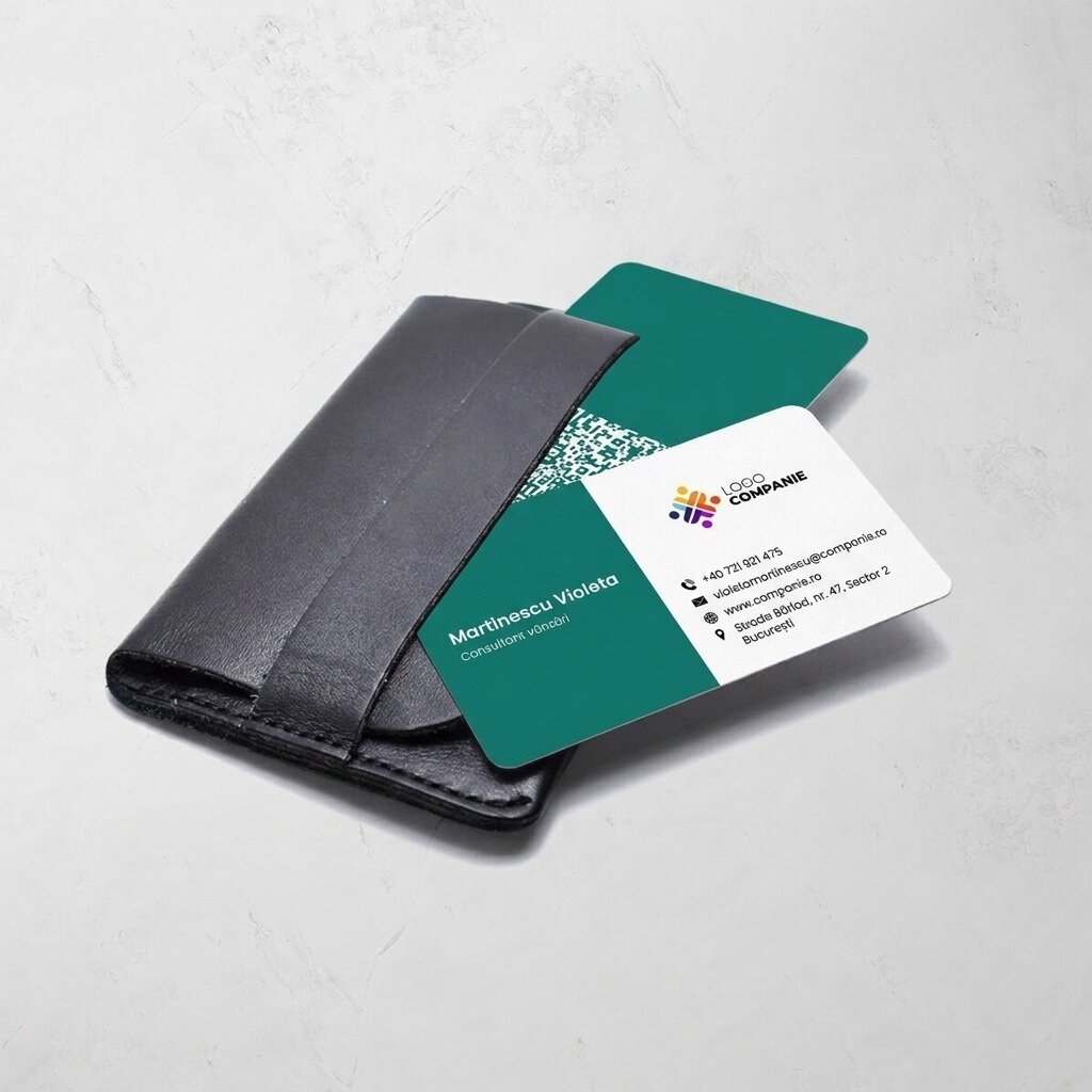 Gepersonaliseerd visitekaartje van aluminium, ontwerp met gekleurde strook, logo en QR-code