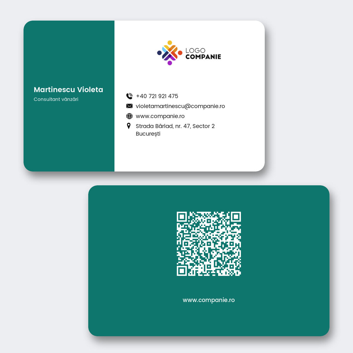 Gepersonaliseerd visitekaartje van aluminium, ontwerp met gekleurde strook, logo en QR-code