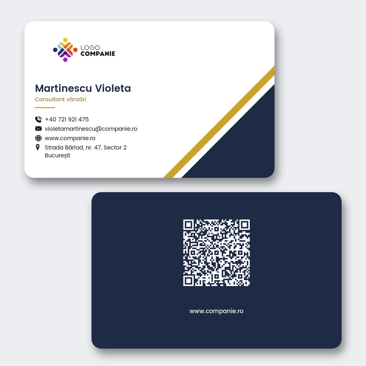 Gepersonaliseerd visitekaartje van aluminium, geometrisch ontwerp, logo en QR-code