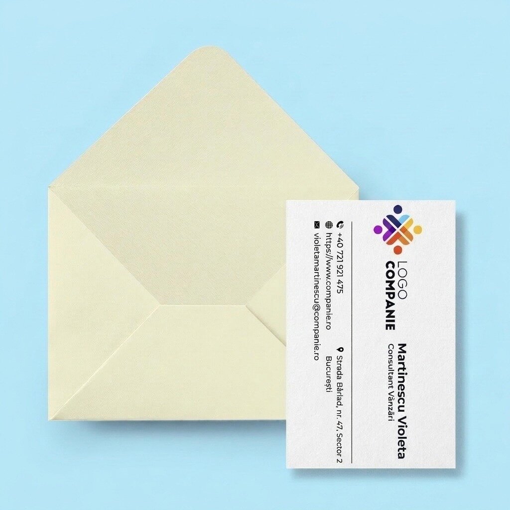 Op maat gemaakte visitekaartjes van papier, dubbelzijdig bedrukt, met QR-code en contactgegevens