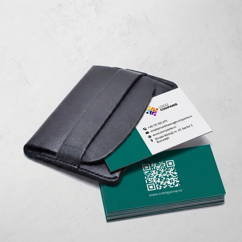 Gepersonaliseerde visitekaartjes van papier, ontwerp met gekleurde strook, logo en QR-code