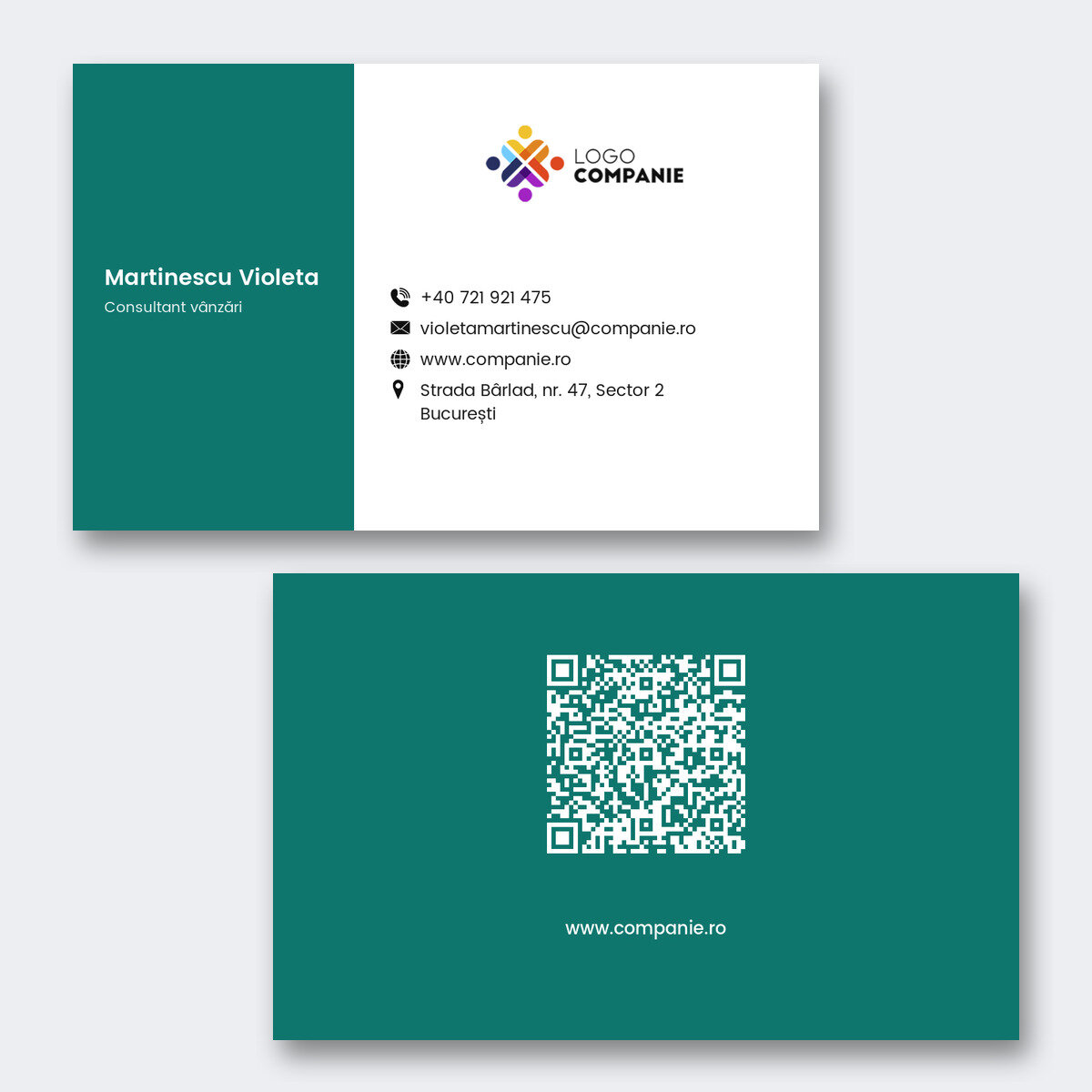 Gepersonaliseerde visitekaartjes van papier, ontwerp met gekleurde strook, logo en QR-code