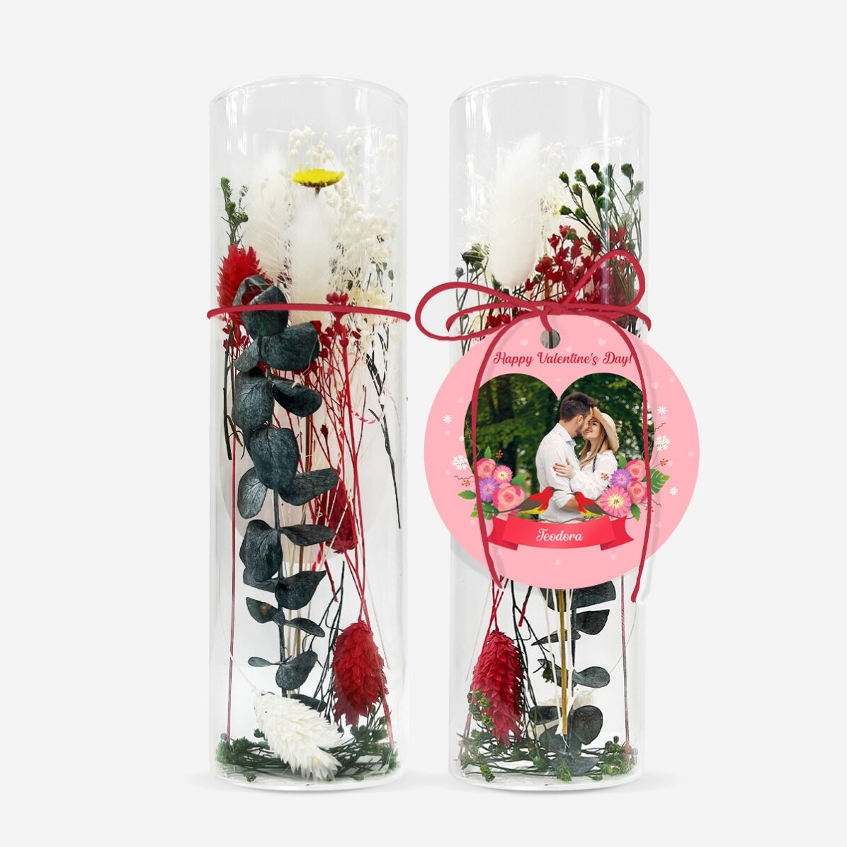 Glass ornament with preserved flowers, personalised with text and photo - Love