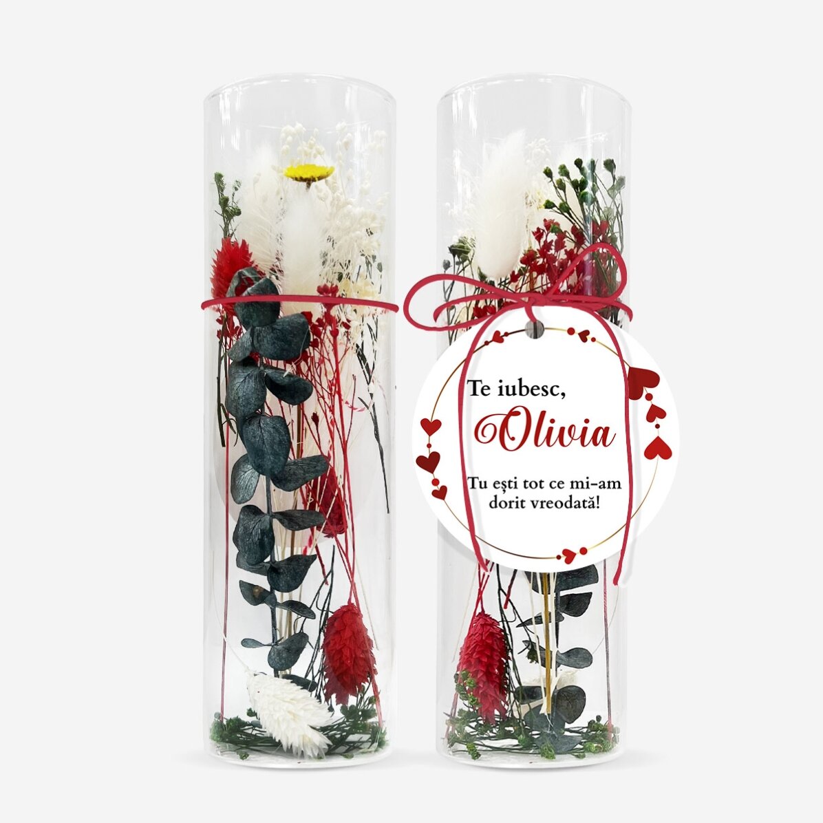 Glasornament met geconserveerde bloemen, gepersonaliseerd met de tekst 
