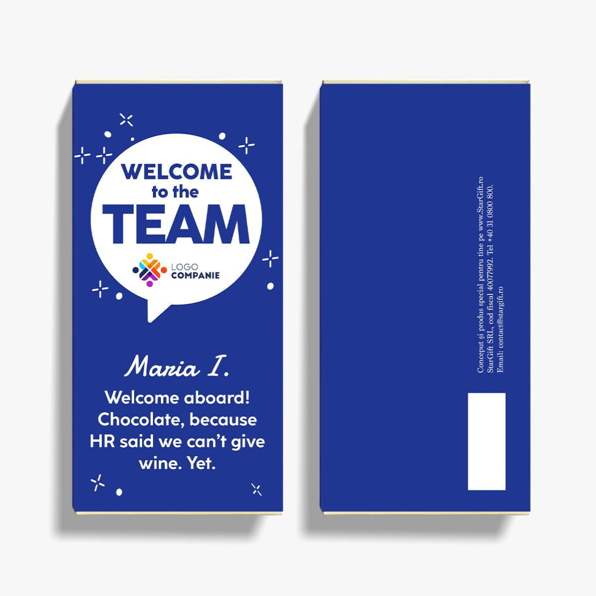 Personalised chocolate with logo and message - Welcome to the team